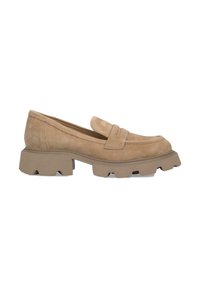 Suede loafers in light brown with a rounded toe, front seam detail, and a thick, chunky rubber sole for stability and comfort.