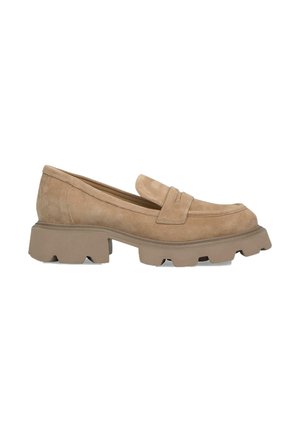 Suede loafers in light brown with a rounded toe, front seam detail, and a thick, chunky rubber sole for stability and comfort.
