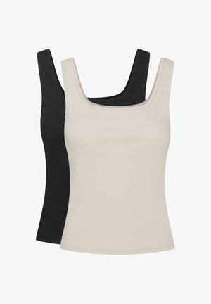 Zwei ärmellose Tops mit quadratischem Ausschnitt in hellbeige und schwarz. Ribbenstruktur, normale Passform, aus einem weichen Baumwollgemisch gefertigt. Keine sichtbaren Logos oder Muster.