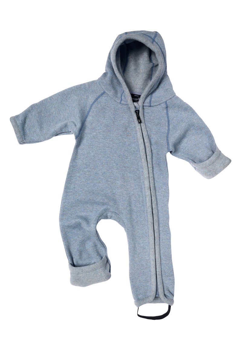 Grå fleece enstyckedräkt med huva, med långa ärmar, ribbade mudd och en framficka. Mjuk textur; avslappnad design.