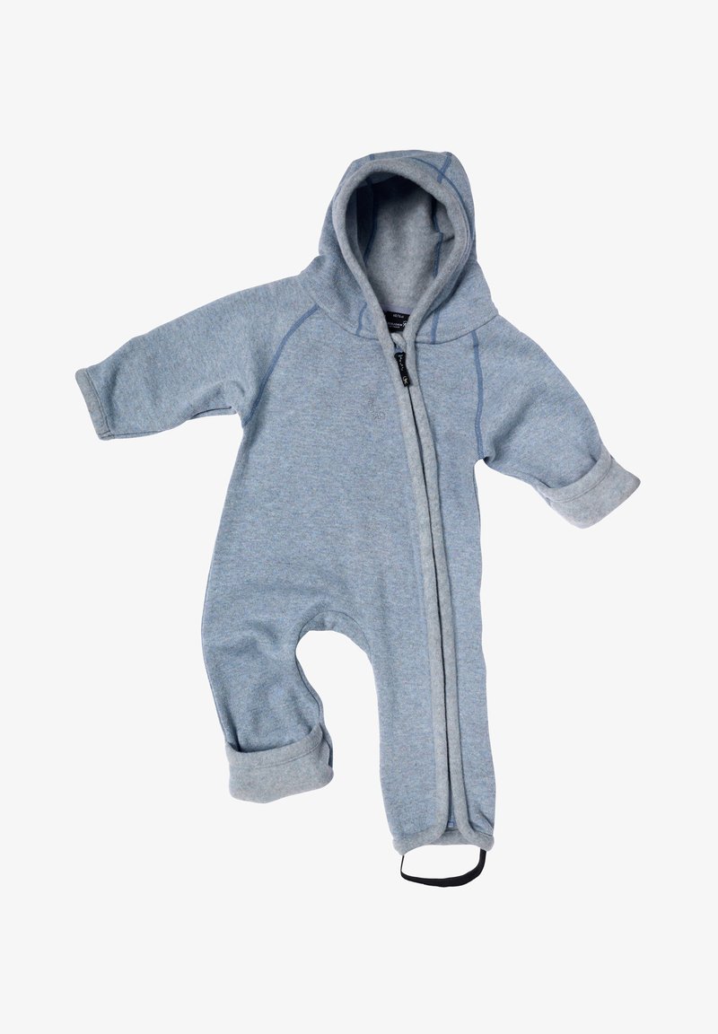 Grå fleece enstyckedräkt med huva, med långa ärmar, ribbade mudd och en framficka. Mjuk textur; avslappnad design.