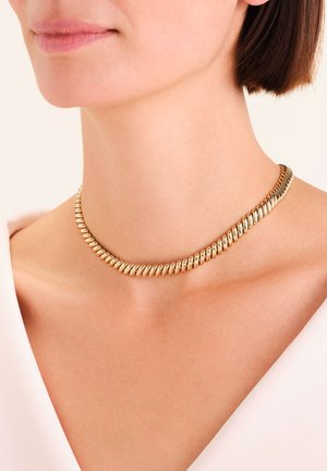 Donna che indossa una collana corta e spessa in oro, abbinata a una maglietta bianca, mostrata dalla mascella fino alla parte superiore del petto.