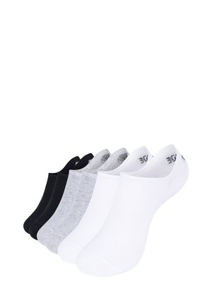 Sei paia di calzini alla caviglia a taglio basso nei colori nero, grigio e bianco disposti uno accanto all'altro su sfondo bianco.