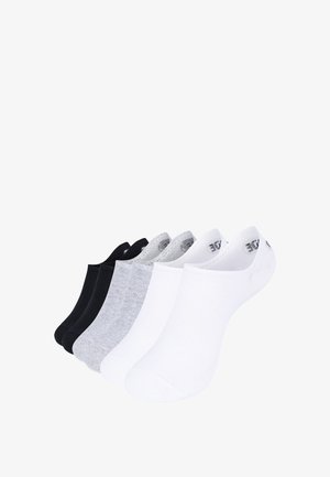 Six pairs of low-cut ankle socks in black, gray, and white colors arranged side by side on a white background.