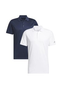 Twee polo's: één marineblauw met een kraag en drie knopen, en één wit met een kraag, drie knopen en een klein logo op de mouw.