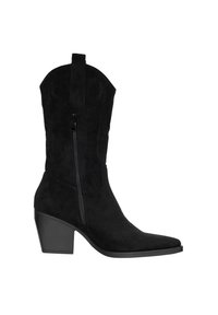 Botas de vaquero de ante negro con punta afilada, tacón cuadrado de altura media y cremallera lateral. Presenta un bordado decorativo en el eje.