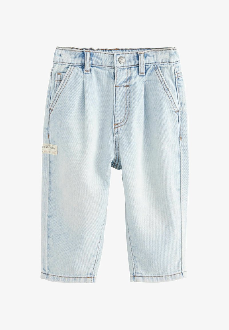 Light blue toddler jeans with rolled cuffs, front pockets, belt loops, and a small rectangular label on the left thigh.