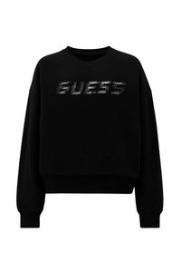 Felpa nera con scollo rotondo, spalle scese e polsini a costine. Sul davanti è presente un logo "GUESS" testurizzato a contrasto.