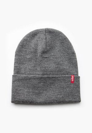 Gray knit beanie with a folded brim, featuring a small red Levi's logo tag on the side. Smooth texture with stretch for fit.