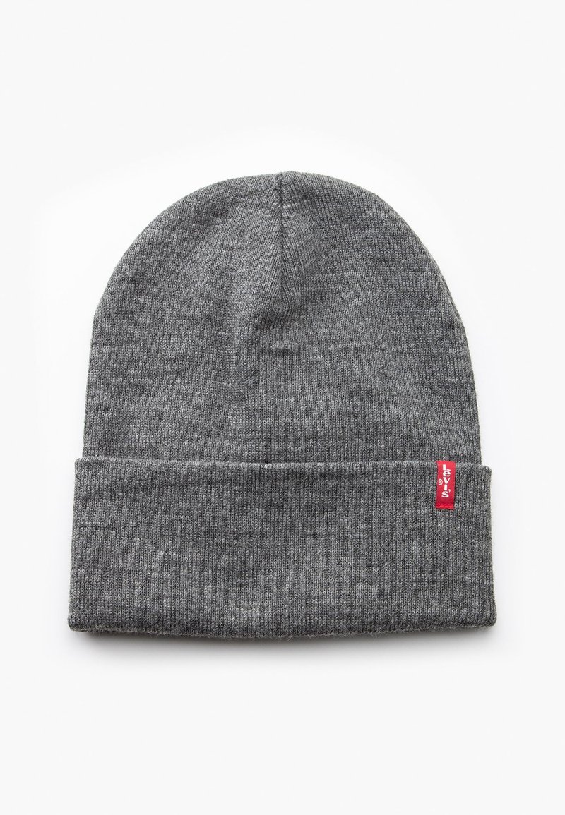 Gray knit beanie with a folded brim, featuring a small red Levi's logo tag on the side. Smooth texture with stretch for fit.