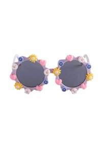 Lunettes de soleil rondes avec une monture lavande, ornées de cœurs roses, de soleils jaunes et de visages souriants bleus. Verres foncés miroités.
