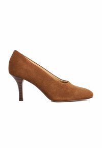 Brown suede high-heeled pump with a rounded toe and a tapered heel. The heel has a wood-like pattern, offering a smooth, textured finish.