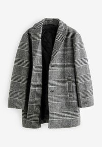 Cappotto grigio a quadri con colletto a revers, bottone singolo, due tasche laterali e foderato in nylon nero trapuntato. Realizzato in tessuto testurizzato.