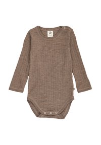 Hnědý žebrovaný body s dlouhým rukávem, kulatým výstřihem, knoflíkovým detailem na rameni a patentkami na spodní straně pro snadné oblékání.