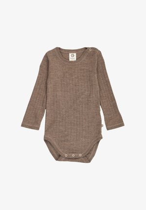 Body marrone a maniche lunghe con coste, collo rotondo, dettaglio con bottoni sulla spalla e chiusure a scatto sul fondo per una facile vestibilità.