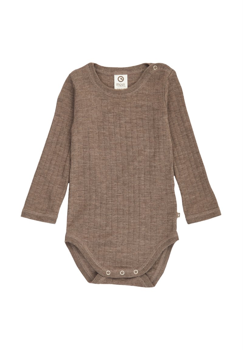 Hnědý žebrovaný body s dlouhým rukávem, kulatým výstřihem, knoflíkovým detailem na rameni a patentkami na spodní straně pro snadné oblékání.