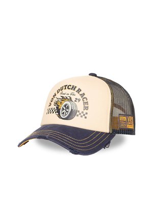 Casquette avec devant beige, arrière en mesh noir, visière bleu marine, motif imprimé de pneu en flammes, texte « Von Dutch Racer 29 » et patch vintage cousu sur le côté.