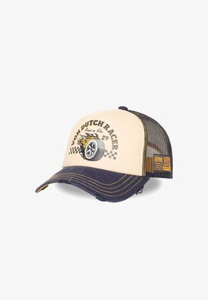 Cap mit beiger Front, schwarzem Mesh-Rücken, navyfarbenem Schirm, bedrucktem Motiv eines brennenden Reifens, dem Schriftzug „Von Dutch Racer 29“ und einem gestickten Vintage-Patch an der Seite.