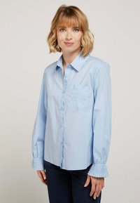 Chemise bleu clair à manches longues avec boutons. Détails de poche brodés et poignets en dentelle froncés. Matériel en coton doux.