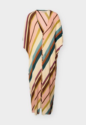 Hosszú, gombos ruha, amely rózsaszín, krém, tengerzöld, mustársárga, barna és lila átlós csíkokkal díszített világos alapon.