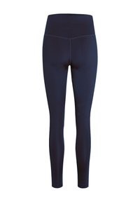 Tmavomodré legíny s vysokým pásom a švom v tvare V na páse, navrhnuté pre pevné športové priliehanie.