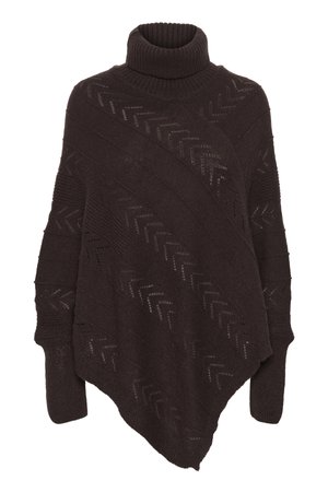 Dark brown knitted poncho with a high ribbed collar, featuring a chevron pattern and asymmetrical hemline. Soft texture and loose fit.
