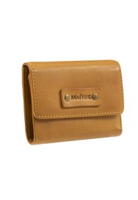 Yellow leather wallet with a smooth texture, fold-over design, and a brass snap closure. Features an embossed brand label on the front.