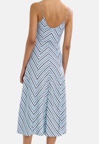 Niebieska i biała sukienka midi w paski z cienkimi ramiączkami, okrągłym dekoltem z tyłu oraz rozszerzanym krojem z wzorem w zygzak.