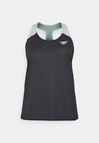 Schwarzes sportliches Tanktop mit hohem Kragen, Mesh-Schulterakzenten in Hellblau und Pink sowie einem Schlüssellochrücken für Atmungsaktivität.