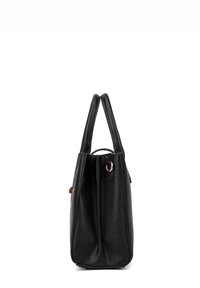 Zwarte leren tote bag met dubbele handgrepen, een gestructureerde vorm, een textuur oppervlak en een ronde hardware accent aan de zijkant.