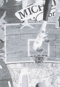 T-shirt grafico con un campo da basket, toni di grigio, un logo Jumpman e due palloni sopra un canestro, con uno sfondo a mappa.