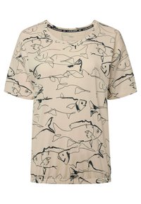 Camiseta beige con un patrón de contorno de pez negro, mangas cortas, cuello redondo y un corte relajado con una tela ligeramente texturizada.