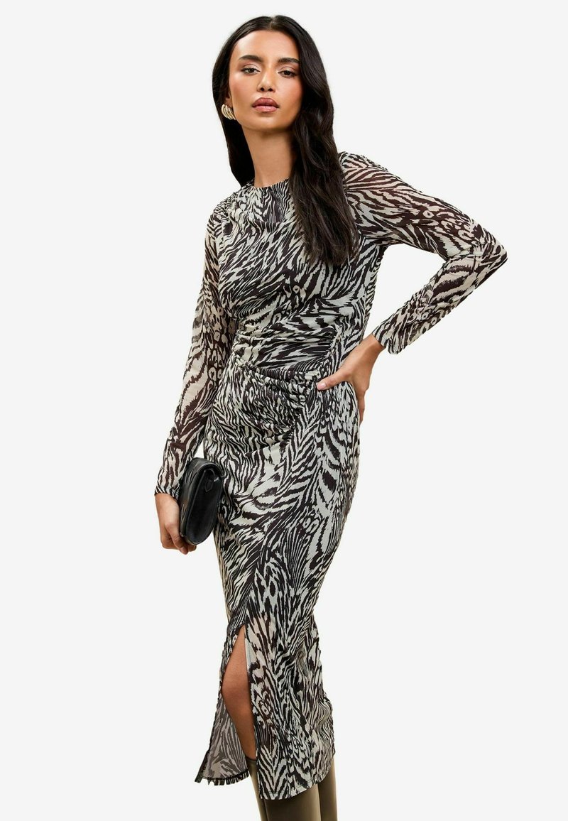 Lipsy ANIMAL PRINT LONG SLEEVE MIDI - Egyenes szabású ruha - black white