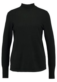 Pull à col roulé noir en tissu doux. Présente des manches longues, un col ajusté et un design épuré et simple sans ornements.