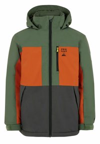 Kapuzenshirt in Grün, Orange und Grau. Verfügt über einen Reißverschluss vorne, Seitentaschen und ein Logo auf der Brust. Hergestellt aus einem glatten, wasserabweisenden Material.