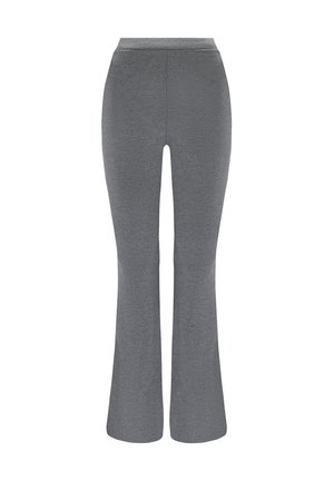 Szare rozszerzane spodnie wykonane z miękkiego materiału, z wysokim stanem, o gładkiej fakturze i bez widocznych wzorów czy akcentów.