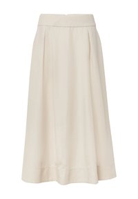Cremfarbener A-Linien-Rock mit glatter Textur, Falten an der Taille und einem einzelnen Reißverschluss auf der Rückseite. Schlichtes Design ohne Muster.