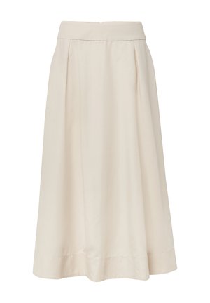Cream-colored A-line skirt with a smooth texture, pleats at the waist, and a single back zipper closure. Solid design without patterns.