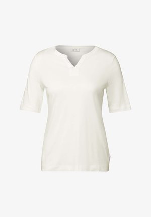 T-shirt blanc à manches courtes avec un col V arrondi, fabriqué en tissu lisse. Présente une petite étiquette de marque sur le côté. Design classique et simple.