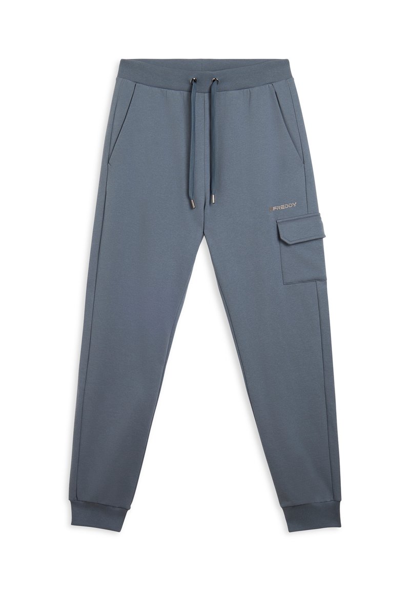 Pantalon de jogging gris en tissu doux, doté d'une taille élastique avec cordon de serrage, de poches latérales et d'une poche cargo sur la jambe droite.