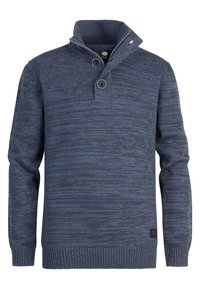 Pull en maille bleu marine avec un col haut, deux boutons et des poignets côtelés. Présente un motif texturé sur tout le tissu.