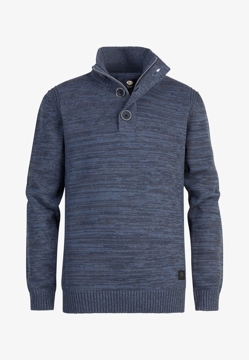 Pull en maille bleu marine avec un col haut, deux boutons et des poignets côtelés. Présente un motif texturé sur tout le tissu.