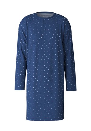 Langsleeve nachthemd in marineblauw met een ronde hals, voorzien van een knopenlijst en een geometrisch patroon van kleine gekleurde vierkanten.