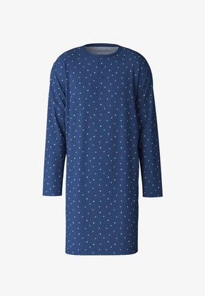 Long-sleeve nightgown in navy blue with a round neck, featuring a buttoned placket and a geometric pattern of small colored squares.