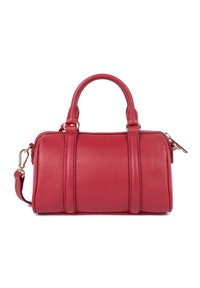 Borsa a mano in pelle rossa con forma cilindrica, dotata di due manici arrotolati, accessori in oro e superficie testurizzata. Inclusa una tracolla regolabile.