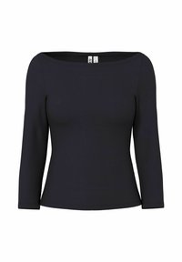 Top nero a maniche lunghe con scollo a girocollo. Realizzato in tessuto liscio ed elastico. Sagoma aderente con dettagli di cuciture minime.