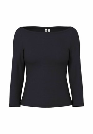 Top nero a maniche lunghe con scollo a girocollo. Realizzato in tessuto liscio ed elastico. Sagoma aderente con dettagli di cuciture minime.