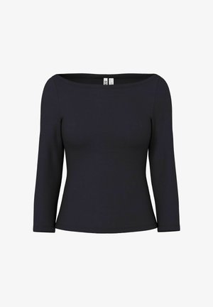 Svart långärmad topp med rund halsringning. Tillverkad av slät, stretchig tyg. Figursydd med minimal sömdetaljering.