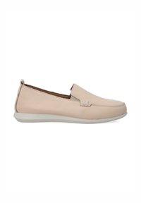 Helle rosa Leder-Slipper mit elastischen Seitenakzenten, einer runden Spitze und einer weißen Gummisohle. Glatte Textur mit minimalen Details.