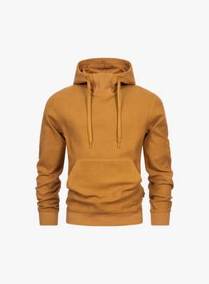 Senfgelber Hoodie, gerippte Textur, verstellbare Kordeln, Fronttasche, eng anliegende Bündchen und Saum. Weicher Stoff, lässiges Design.